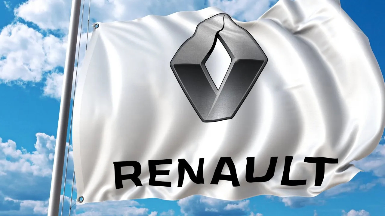 Waving flag with Renault logo against sky and clouds. Editorial 3D rendering